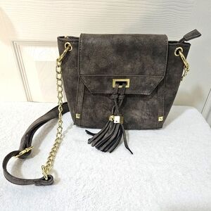 NWOT Elegant Brown Faux Suede Adjustable Shoulder Bag W Tassels & Gold Accents